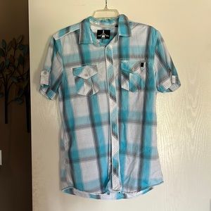 Blue plaid button down shirt